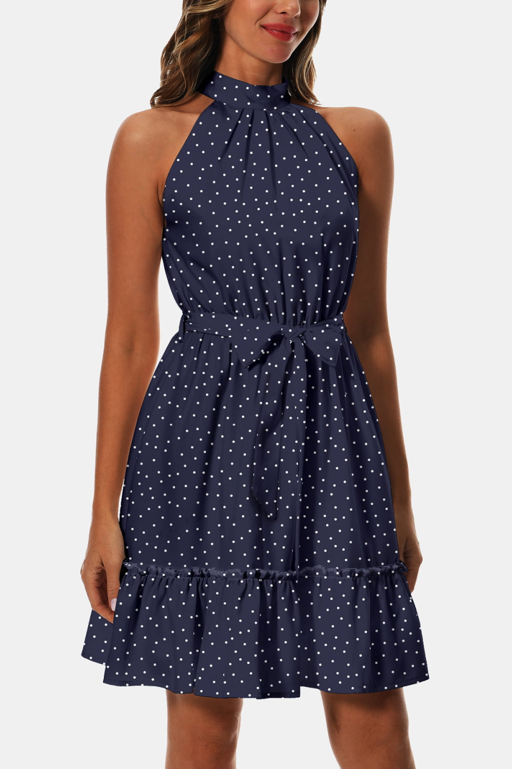 Printed Tie Waist Frill Trim Dress - felvior
