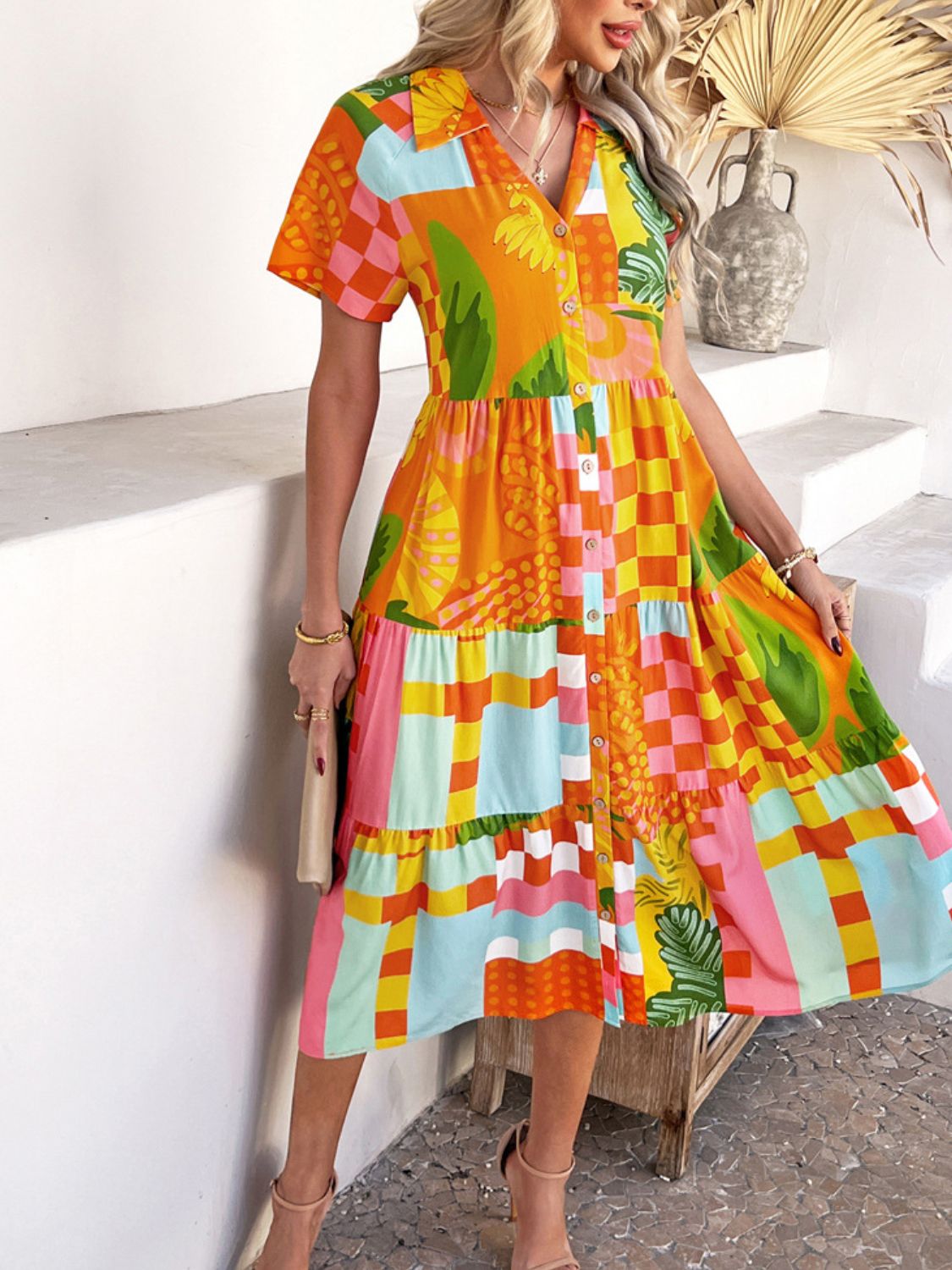 Devine Printed Johnny Collar Button Down Short Sleeve Midi Shirt Dress - felvior