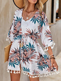 Tassel Tied Printed Half Sleeve Cover Up - felvior