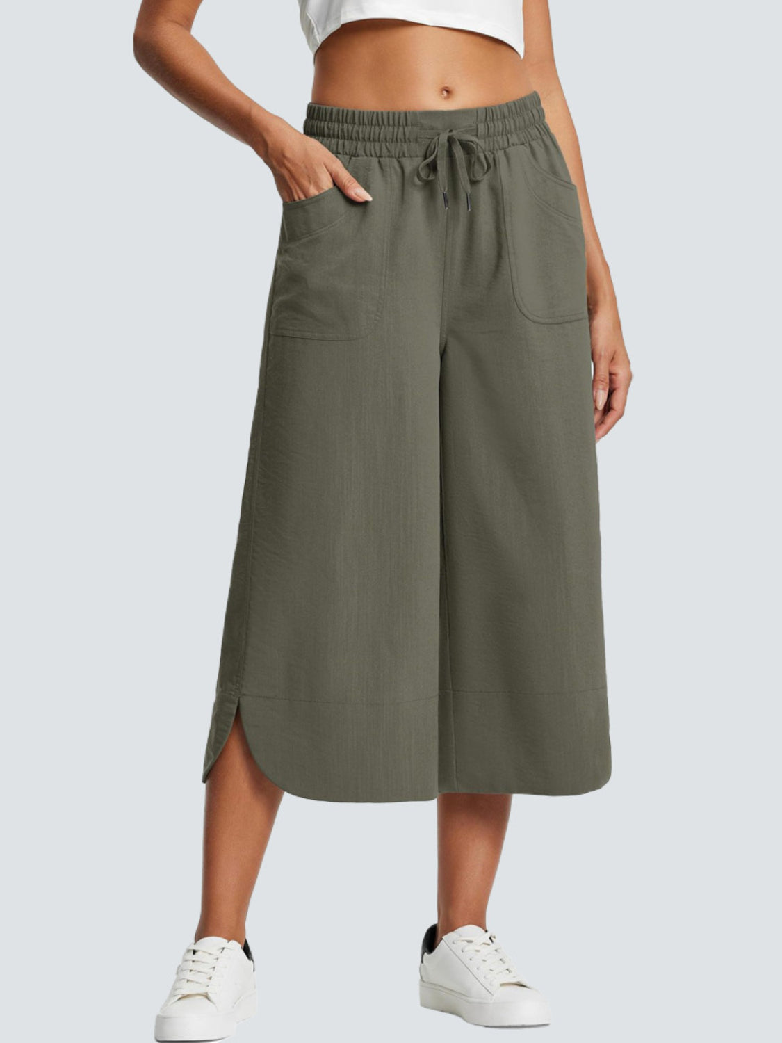 Full Size Drawstring Wide Leg Capris Pants Plus Size