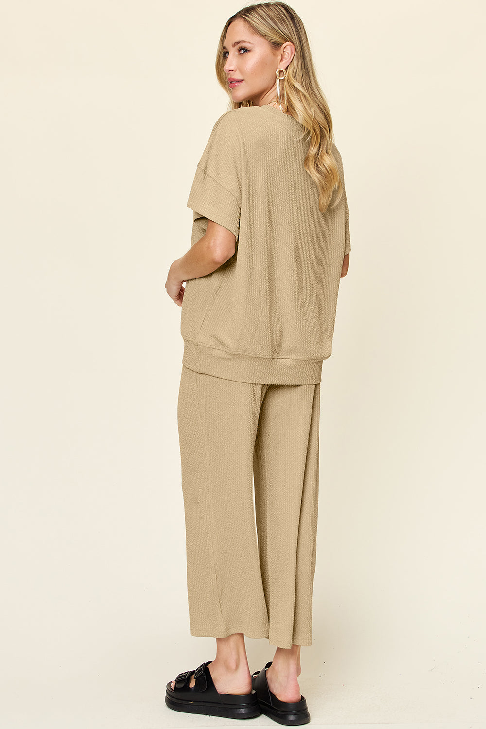 Double Take Full Size Texture Round Neck Short Sleeve T-Shirt and Wide Leg Pants - felvior