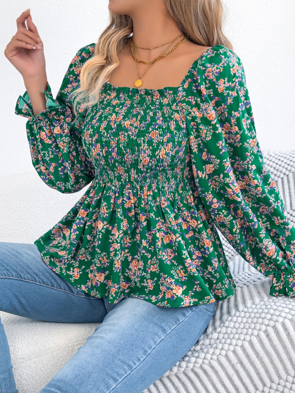Floral Square Neck Flounce Sleeve Blouse