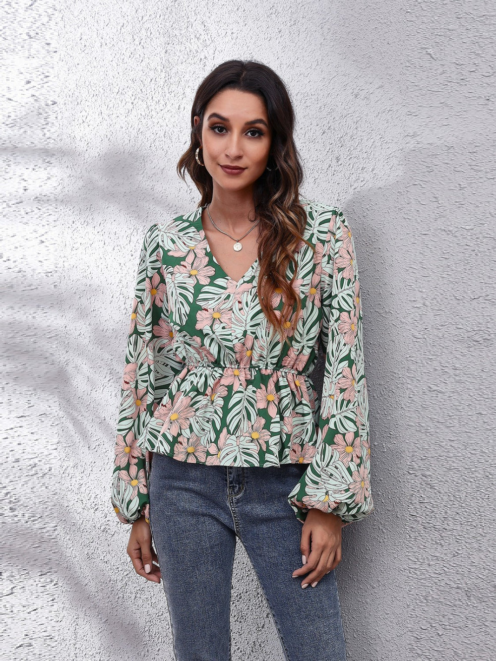 Floral V-Neck Balloon Sleeve Peplum Blouse - felvior