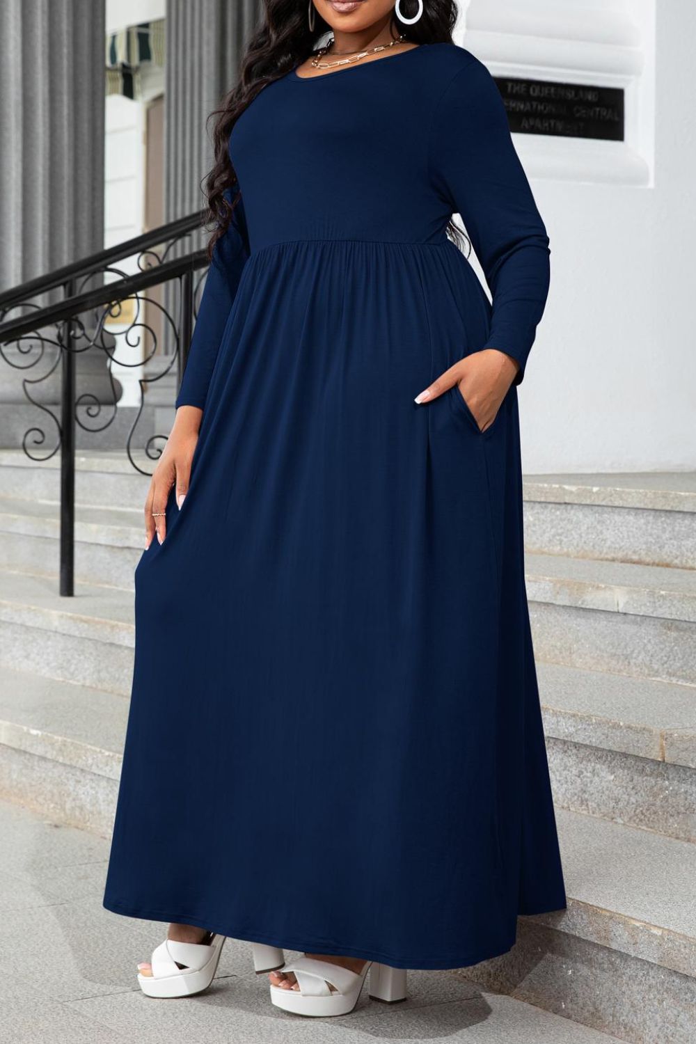 Plus Size Round Neck Long Sleeve Maxi Dress with Pockets - felvior