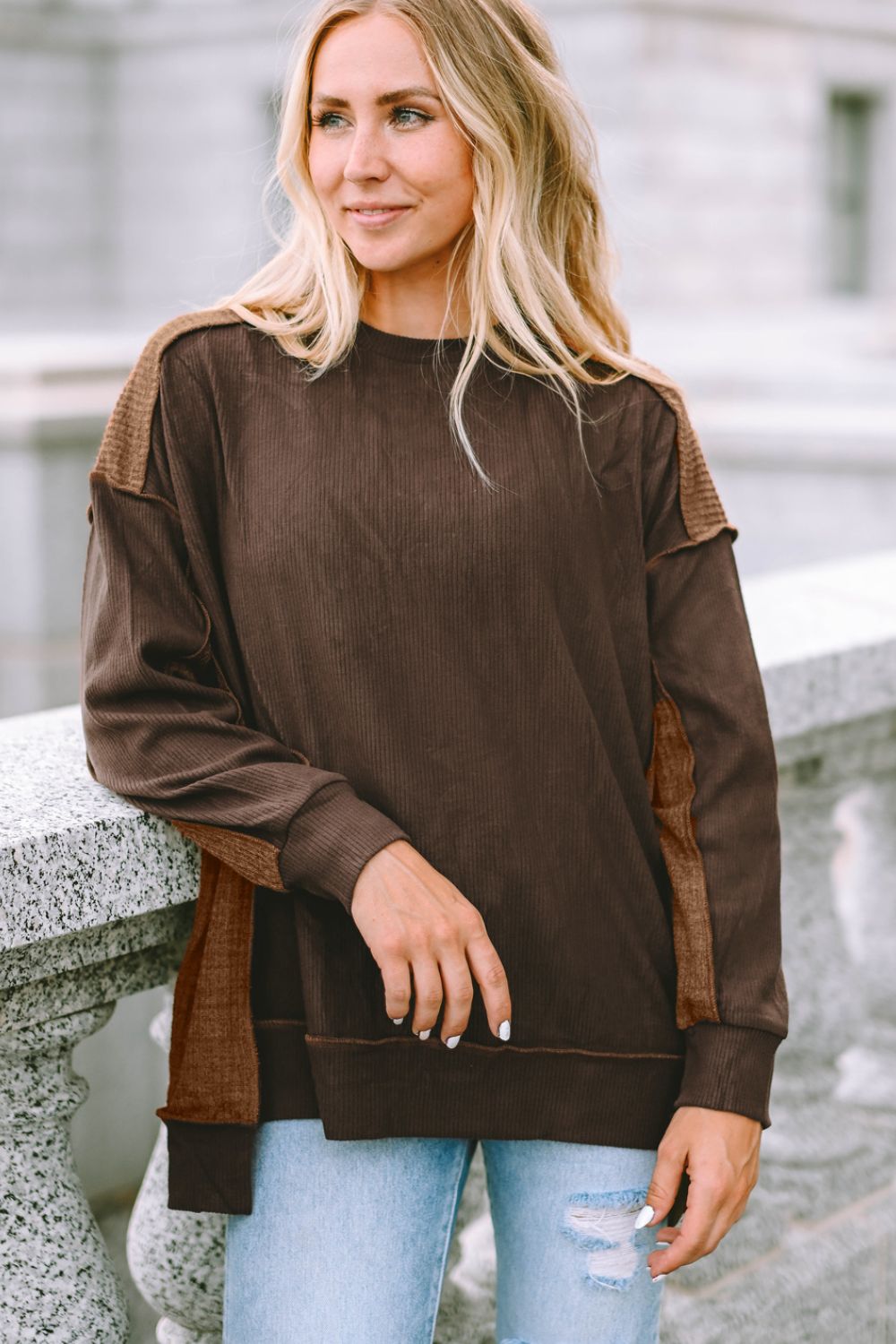 Ribbed Exposed Seam Dropped Shoulder Blouse - felvior