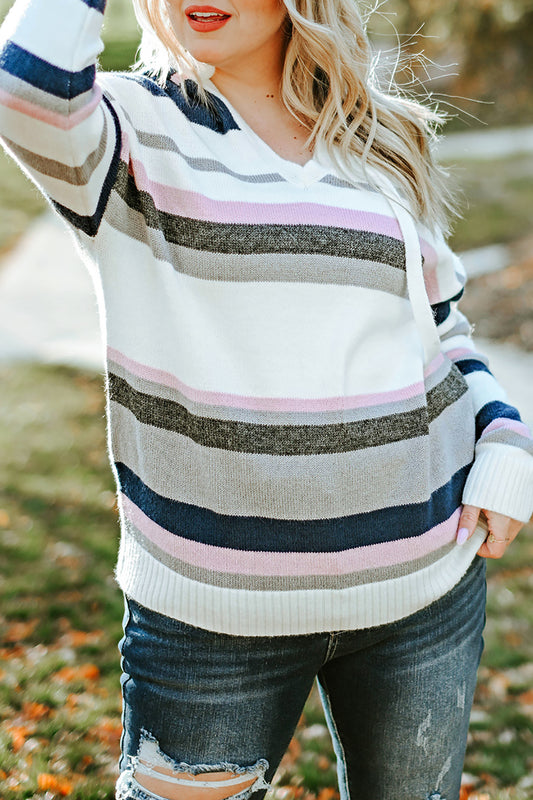 Plus Size Striped Long Sleeve Hooded Sweater - felvior