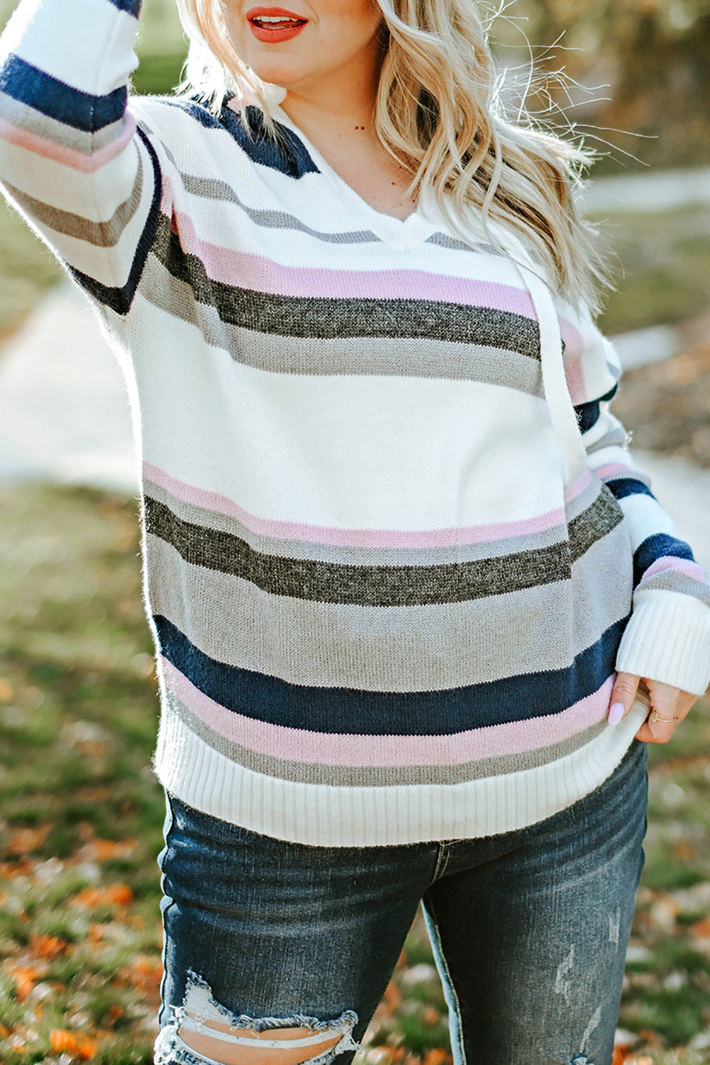 Plus Size Striped Long Sleeve Hooded Sweater - felvior
