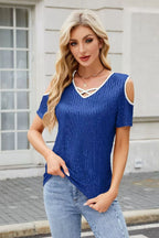 Sequin Cold Shoulder Short Sleeve Blouse