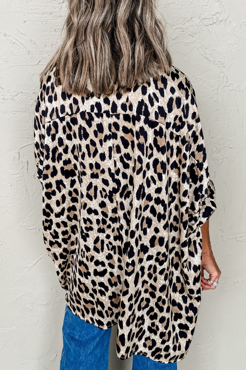 Leopard Print Buttoned 3/4 Sleeve Loose Fit Shirt - felvior