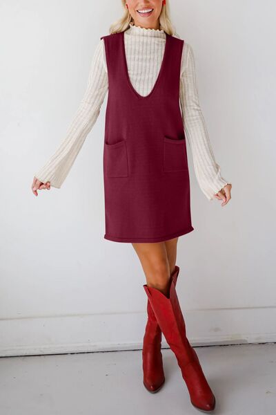 Lovelet Pocketed V-Neck Mini Sweater Overall Dress