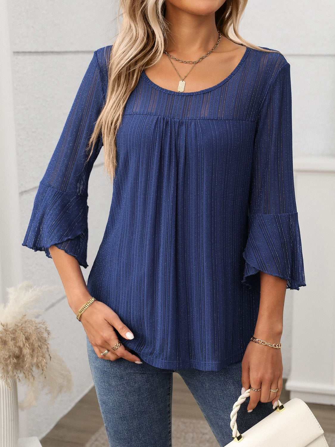 Round Neck Three-Quarter Sleeve Top