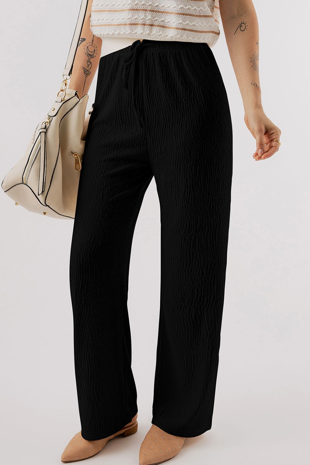 Textured Drawstring Straight Pants