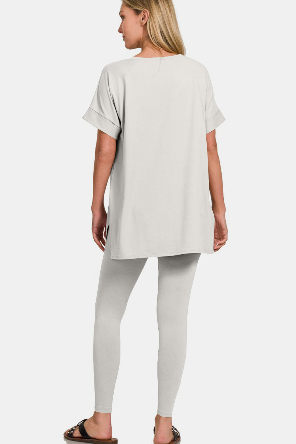 Zenana V-Neck Rolled Short Sleeve T-Shirt and Leggings Lounge Set - felvior