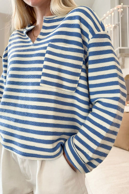 Stripe Chest Pocket Notched Top - felvior
