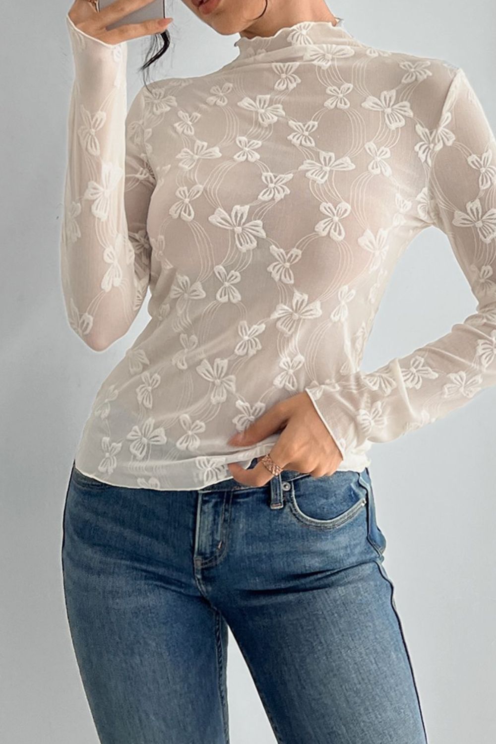 Bow Print Mock Neck Long Sleeve T-Shirt