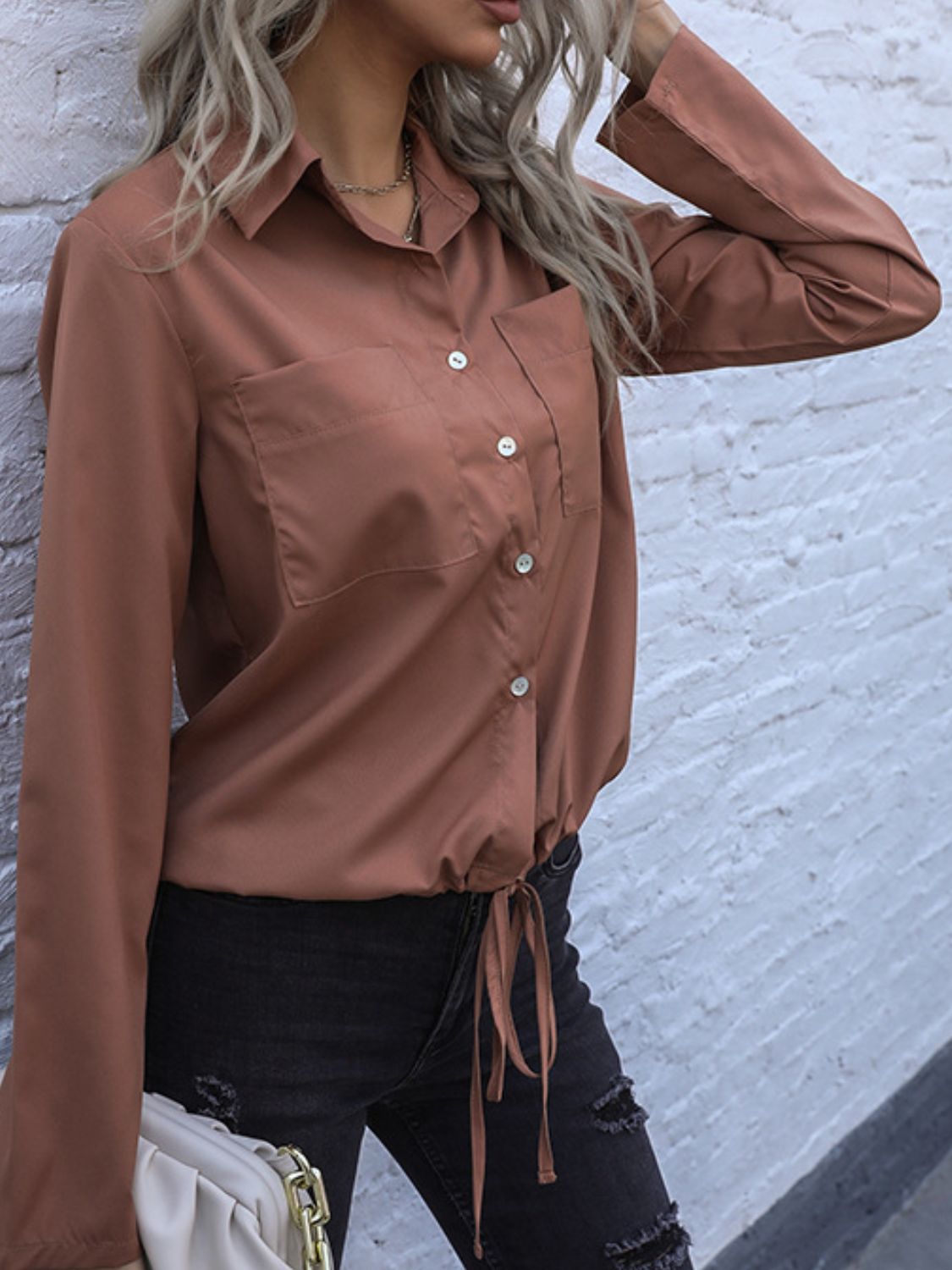 Perfee Tied Hem Button Down Long Sleeve Shirt - felvior