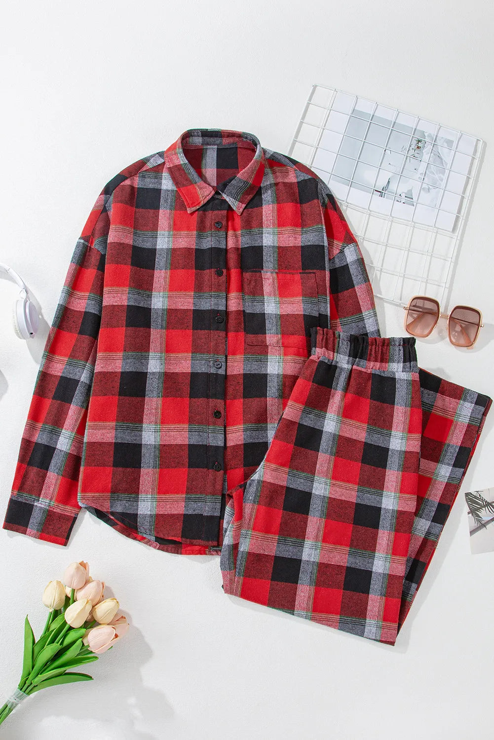 Plaid Long Sleeve Top and Pants Lounge Set - felvior