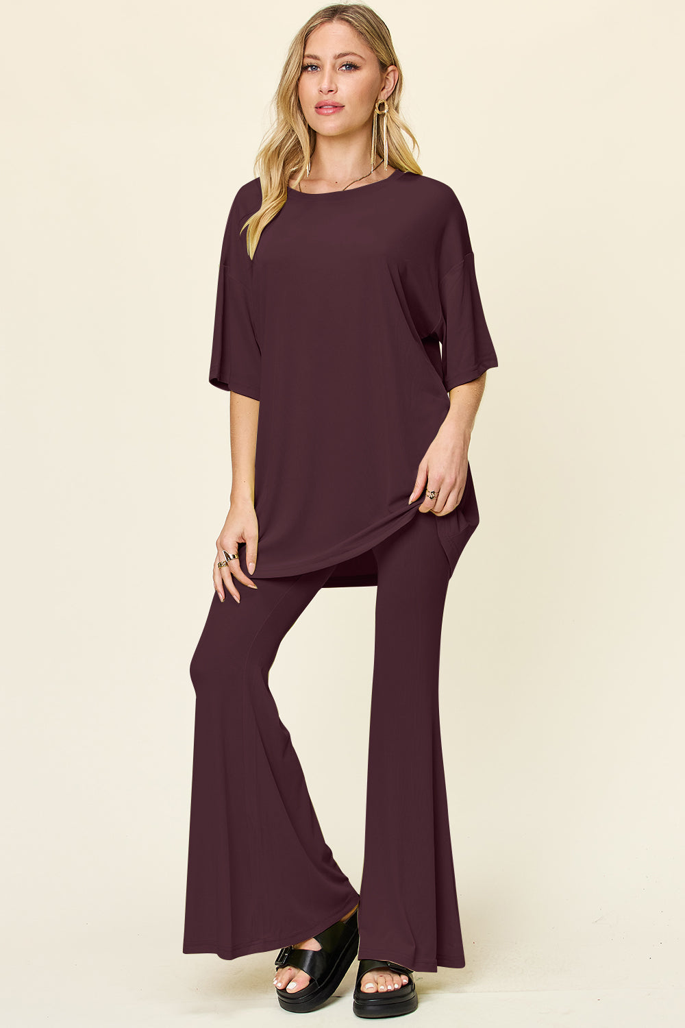 Double Take Full Size Round Neck Drop Shoulder T-Shirt and Flare Pants Set - felvior
