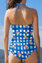 Floral Gingham Halter Neck Drawstring One Piece Swimwear
