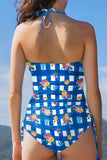 Floral Gingham Halter Neck Drawstring One Piece Swimwear - felvior