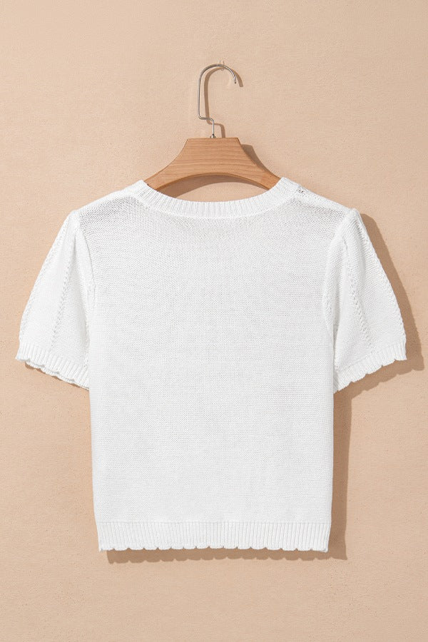 Openwork Round Neck Short Sleeve Knit Top - felvior