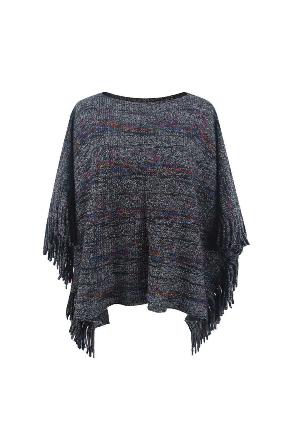 Round Neck Fringe Detail Sleeve Poncho - felvior