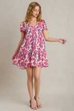 Umgee Full Size Abstract Print Pleat Detail Short Sleeve V-Neck Tiered Dress Plus Size