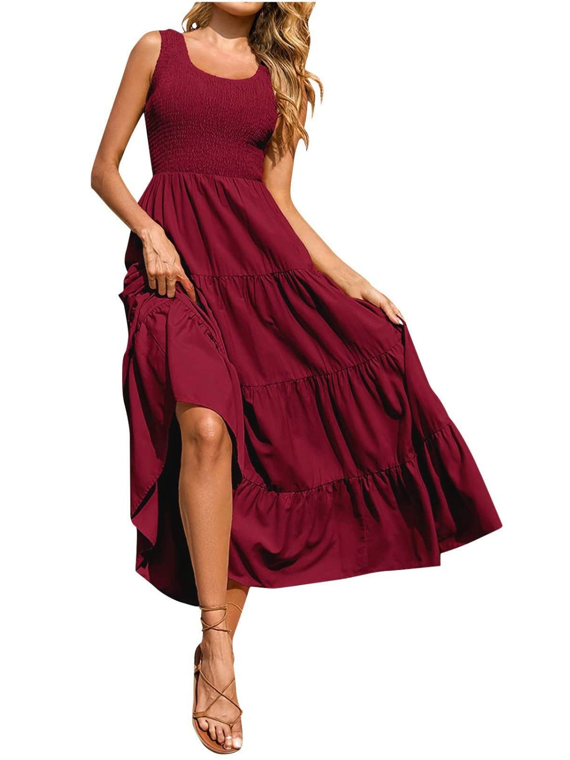Tiered Smocked Wide Strap Dress - felvior