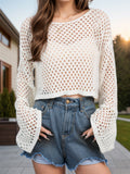 Openwork Round Neck Long Sleeve Cover Up - felvior