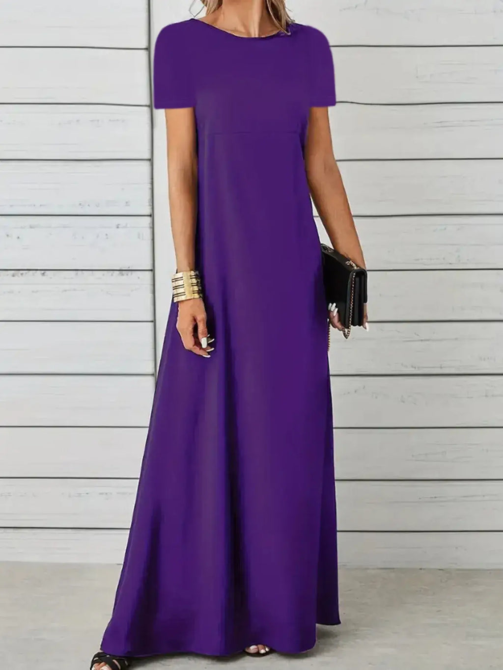 Full Size Round Neck Short Sleeve A-Line Maxi Dress Plus Size