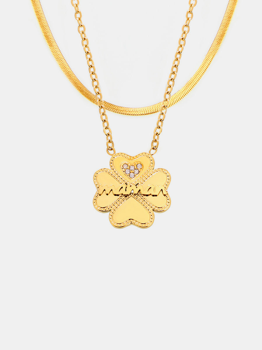 2 Piece 18K Gold-Plated Inlaid Zircon Lucky Clover Necklace - felvior