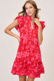 Umgee Full Size Two Tone Floral Print Ruffle Cap Sleeve Mini Dress Plus Size