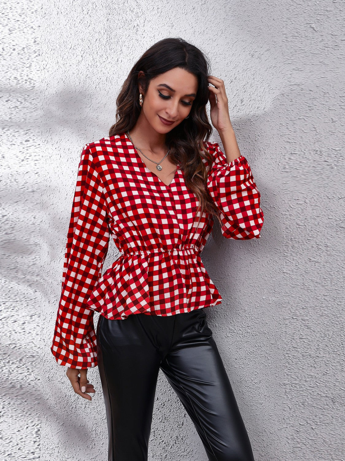 Plaid V-Neck Balloon Sleeve Peplum Blouse - felvior
