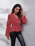 Plaid V-Neck Balloon Sleeve Peplum Blouse - felvior