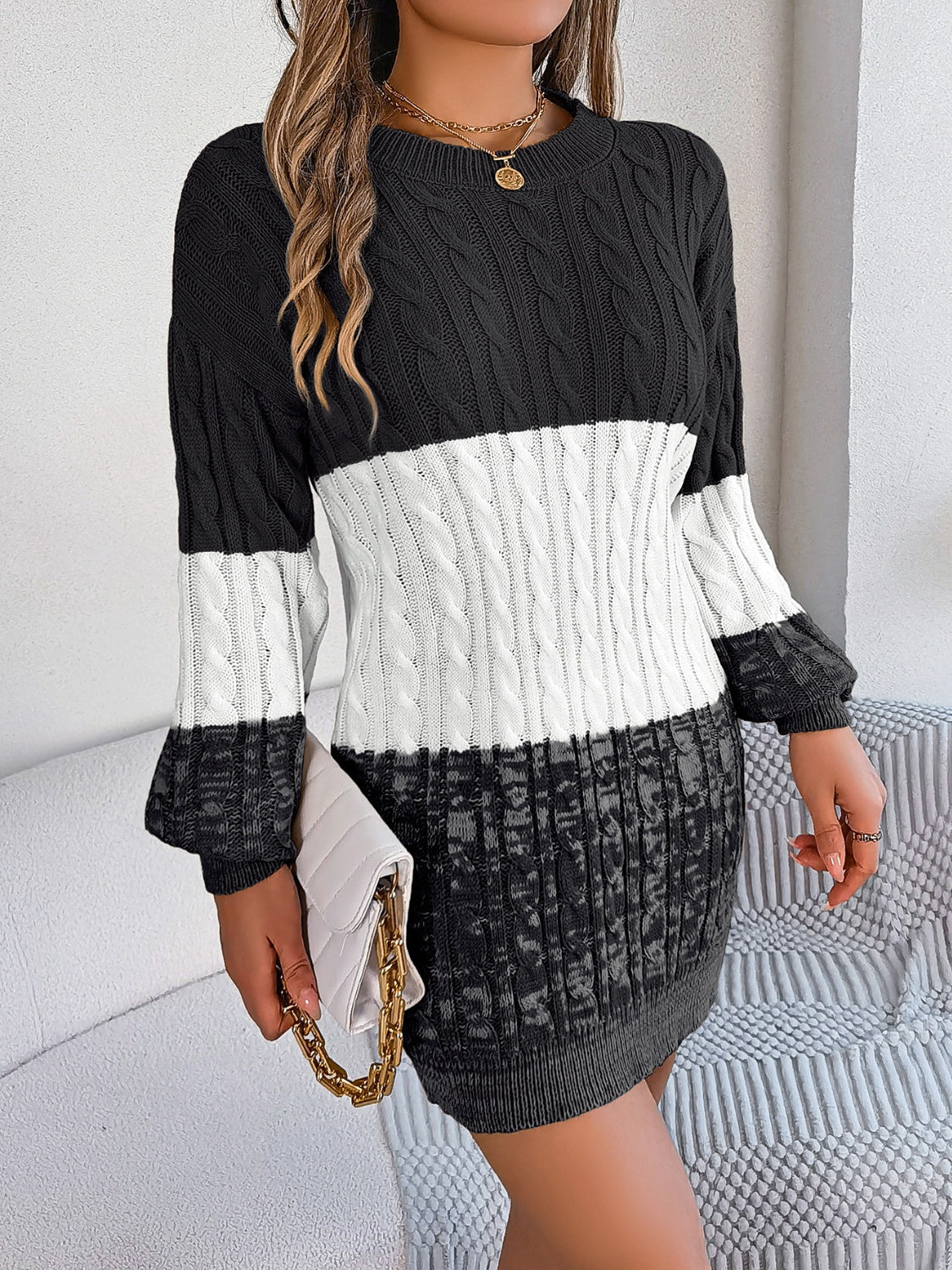 Cable-Knit Round Neck Color Block Sweater Dress - felvior