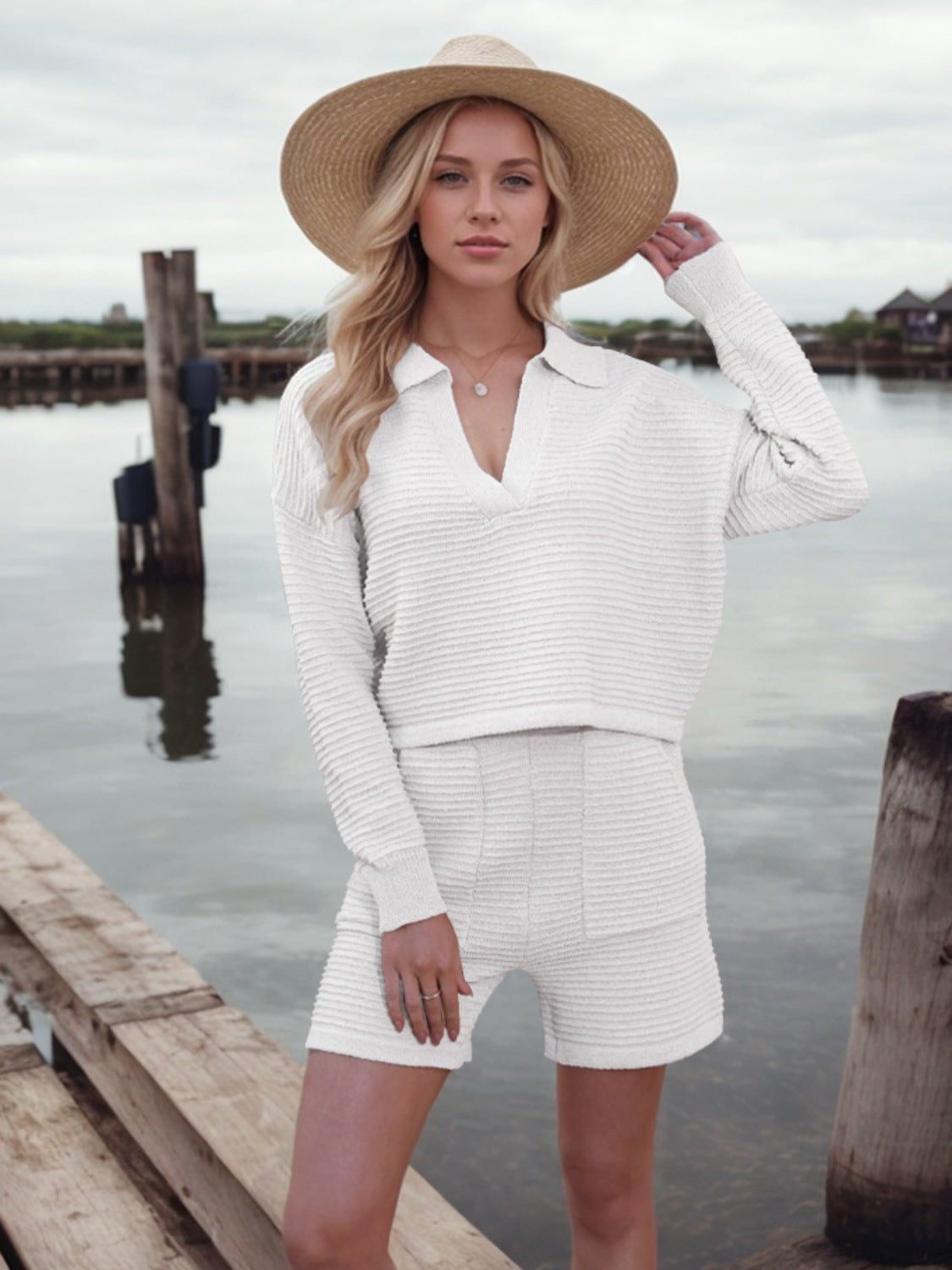 Johnny Collar Long Sleeve Top and Shorts Sweater Set - felvior