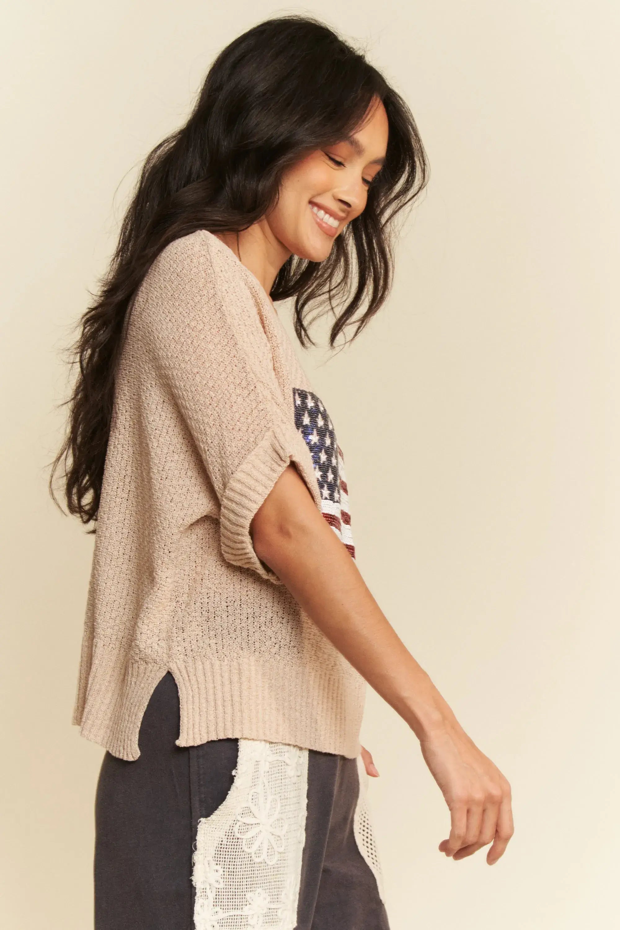 Davi & Dani Sequin American Flag Patch Short Sleeve Knit Top