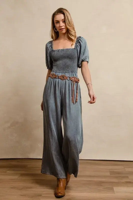 BiBi Smocked Washed Puff Sleeve Square Neck Denim Jumpsuit