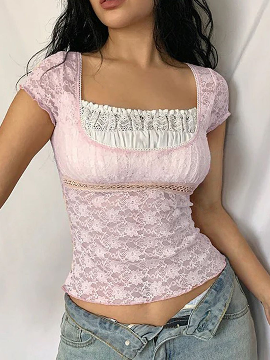 Devine Lace Square Neck Short Sleeve Top