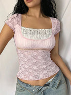 Devine Lace Square Neck Short Sleeve Top