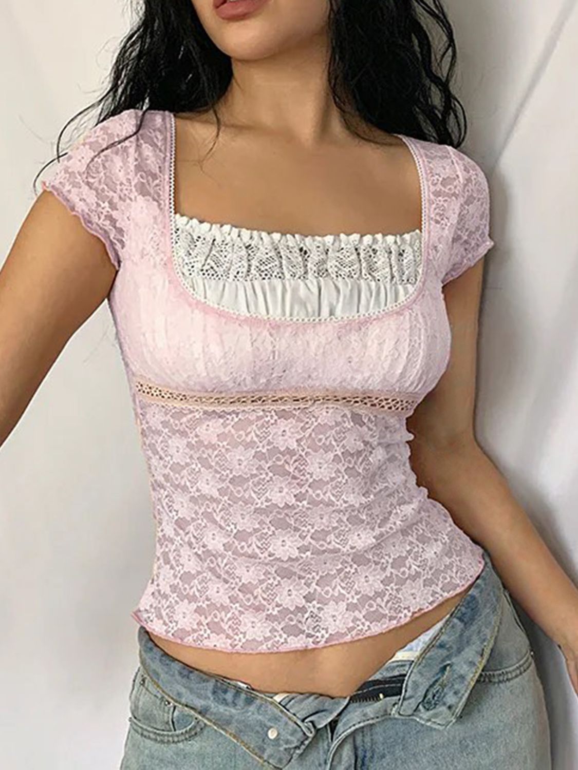 Devine Lace Square Neck Short Sleeve Top