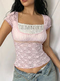 Devine Lace Square Neck Short Sleeve Top