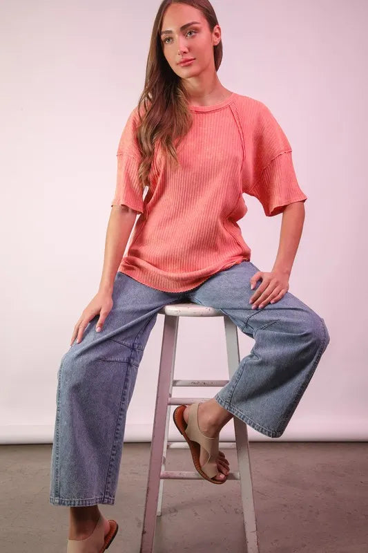 VERY J Mineral Washed Ribbed Knit Casual Top