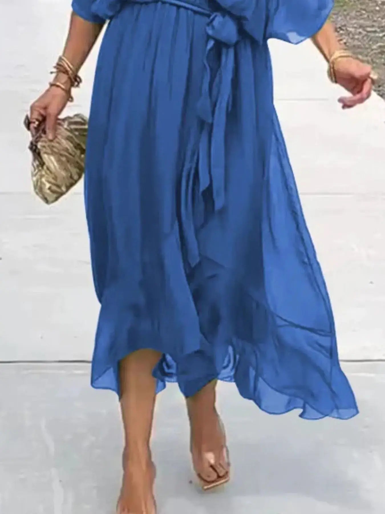 Full Size Flowy Tie Front Midi Dress with Flutter Sleeves Plus Size
