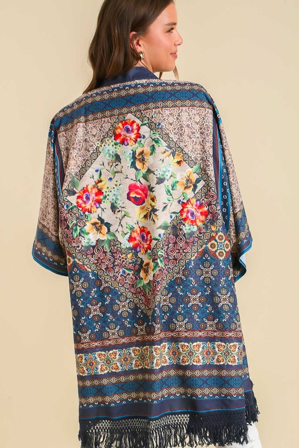 Umgee Full Size Fringe Hem Open Front Printed Kimono Sleeve Cover-Up Plus Size