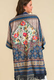 Umgee Full Size Fringe Hem Open Front Printed Kimono Sleeve Cover-Up Plus Size