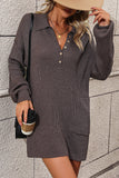 Collared Neck Long Sleeve Sweater Dress with Pockets - felvior