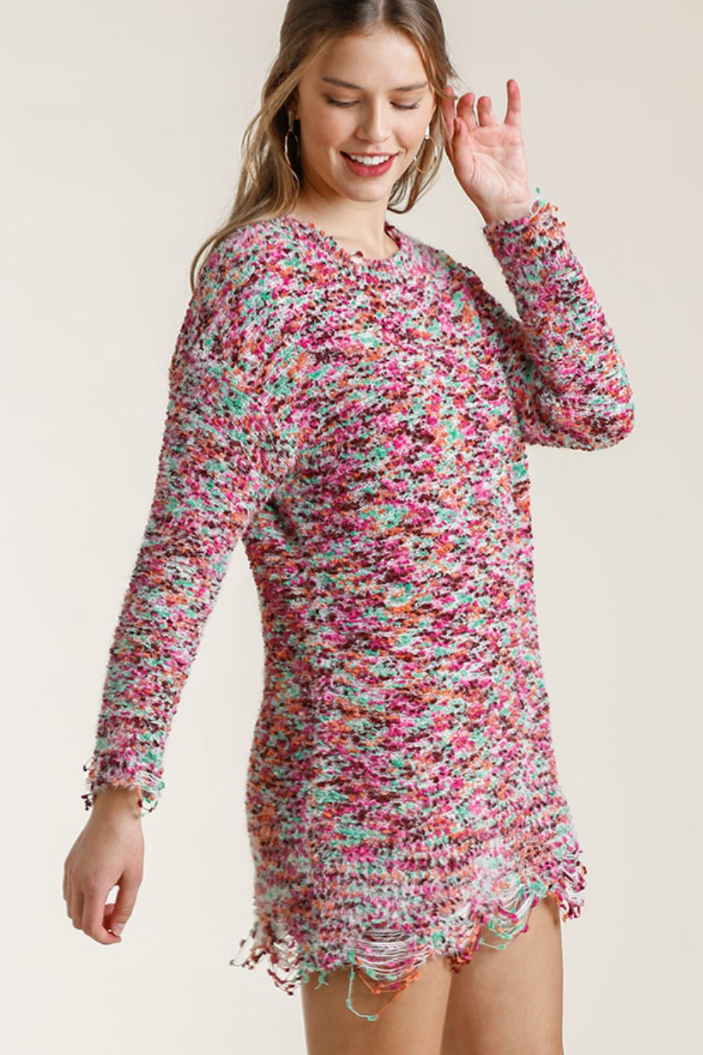 Umgee Full Size Distressed Hem Multicolored Round Neck Knit Tunic Dress Plus Size - felvior