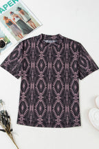 Aztec Print Mock Neck Short Sleeve Mesh T Shirt