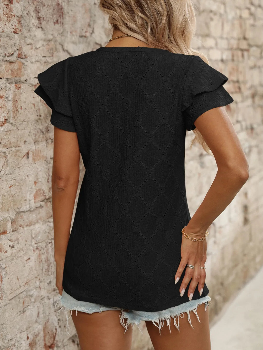 Eyelet V-Neck Ruffled Cap Sleeve Top